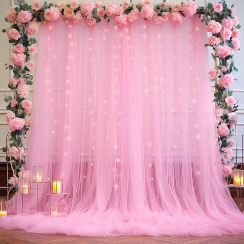 Pink Tulle Backdrop Curtains with Lights String for Parites 10ft×8ft Wrinkle Free Pink Sheer Sparkle Backdrop Curtains for Baby Shower Girls Bridal Shower Birthday Party Photo Shoot Decorations