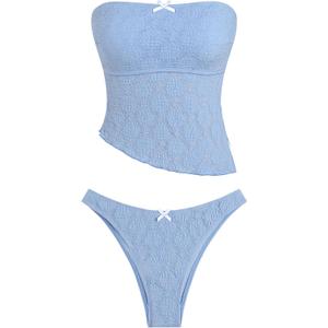 ZAFUL Women's Bandeau Tankini Swimsuit Asymmetrical Slit Bowknot String High Cut Fairyland Cheeky Bathing Suit (Medium)