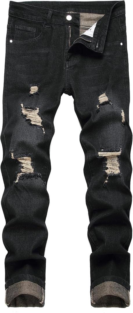 JUNBAOSS Men's Black Slim Fit Jeans 95% Cotton, 3% Polyester, 2% Spandex, Size 42, Ripped