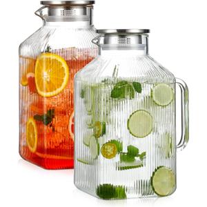 2 Pack 1 Gallon thickened Square Glass Pitcher with Lid, Classic Stripes Water Pitchers for Fridge, Borosilicate Glass Carafe for Hot/Cold Brew Drink, Extra Large Jug with Handle for Iced Tea, Coffee