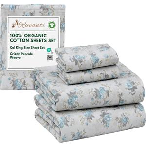 RUVANTI 100% Organic Cotton Sheets California King, Percale Weave, GOTS Certified, 4-Piece Set, Deep Pocket 13", Crisp & Breathable, Soft Durable Bedding, Sbanas Algodn Orgnico  Blue Rose