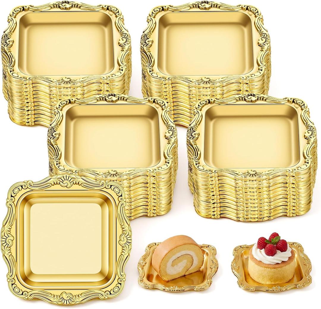 100PCS Gold Mini Square Baroque Dessert Display Trays, Elegant Plastic Serving Plates for Small Cakes, Candy, Appetizers at Weddings, Parties, Hotels, 3.15x3.15 Inch