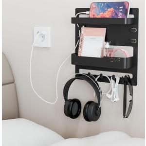 Yieach Bedside Shelf for Dorm Bed,Rv,Small Room and Nightstand,Wall Mounted Floating Shelves and Bedside Wall Organizer for Remote,Phone Holder,Charging Shelf,Cute Bedroom Decor for College Girl,Black