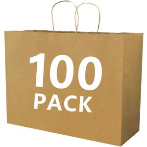Vanhel 100 PCS Large Paper Bags with Handles 16 x 6 x 12 Inches,Large Gifts Bags with Handles bulk, Shopping Bags, Party, Retail, Merchandise, Favor, Recyclable