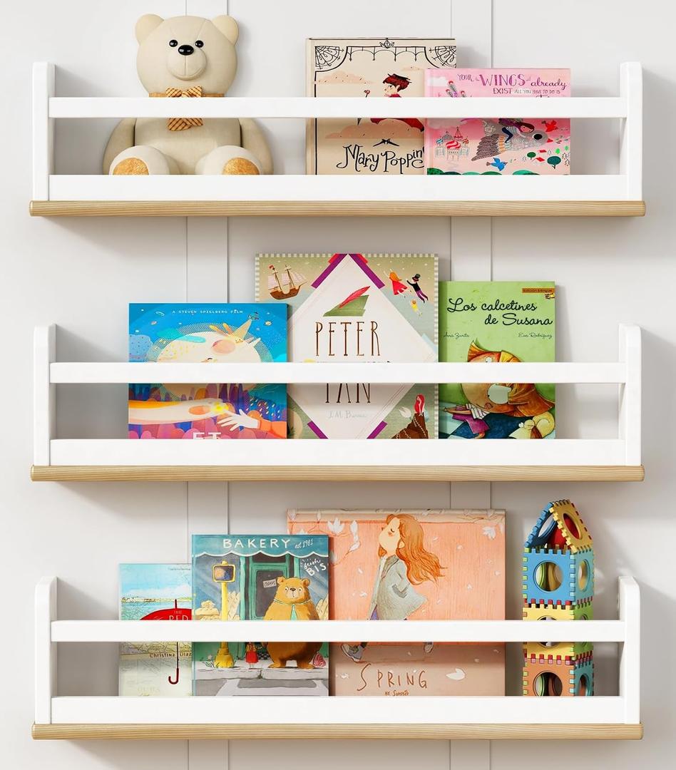 Harwaya Floating Nursery Book Shelves for Wall, 24 Inch Long Wall Bookshelf for Kids Room, White and Natural Wood Hanging Bookshelves for Baby Toddler Childrens Kids Bedroom Bathroom (Set of 3)