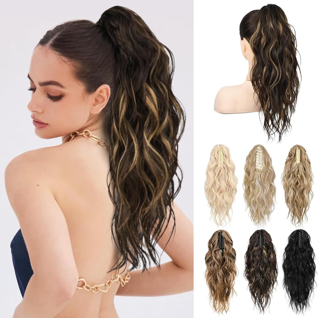 LONAI Ponytail Extension, 18" Wavy Claw Clip Ponytail Extensions Shoulder Length Curly Wavy Claw Clip in Ponytail Hair Extensions Synthetic Fake Pony tails Hairpieces-Brown with Blonde Highlights