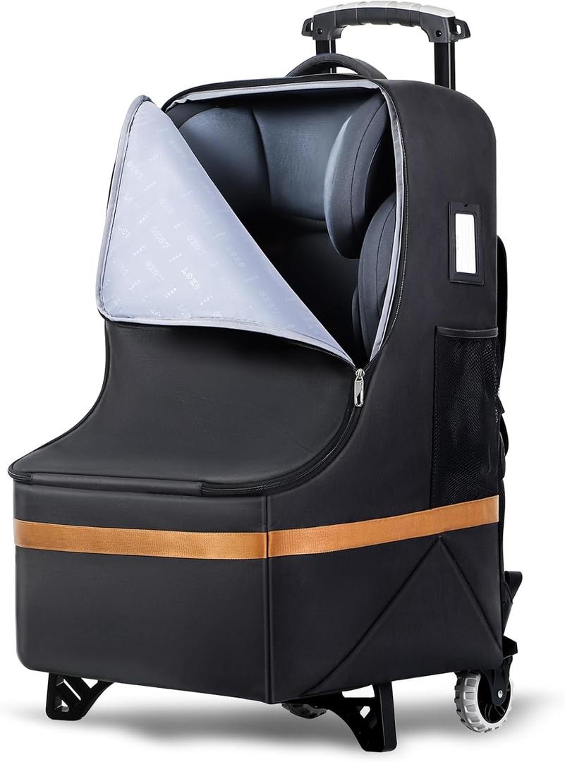 Tonyeee Padded Car Seat Travel Bag for Airplane with Wheels, Heavy Duty Carseat Bags for Air Travel, Rolling Gate Check Backpack and Dolly Carrier, Storage for Baby Essentials, Black