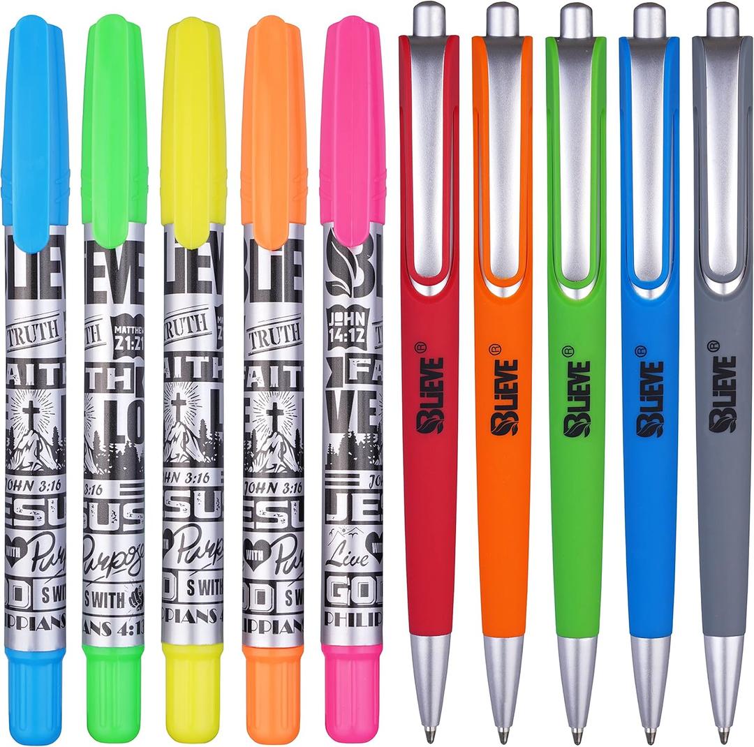 BLIEVE - Aesthetic Highlighters and Gel Pens With Soft Ink and Chisel Tip, Bible Highlighters and Pens No Bleed, Dry Fast Easy to Hold, for Bible Journaling Planner School Supplies (COLORFUL) (Vibrant 10pcs)