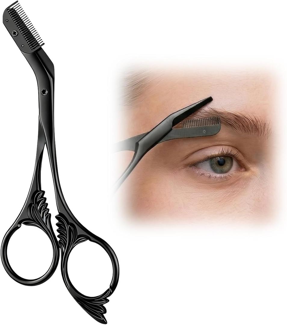 Eyebrow Trimmer Scissor with Comb, Eyebrow Scissors for Women, Stainless Steel Precision Eyebrow Cutter, for Women and Men (Black)