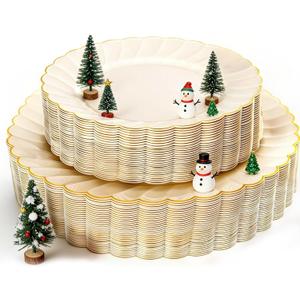YOUBET 60PCS Ivory Scalloped Plastic Plates - Hard Craem and Gold Fancy Disposable Plates include 30 Gold Dinner Plate, 30 Dessert Plate for Party, Wedding