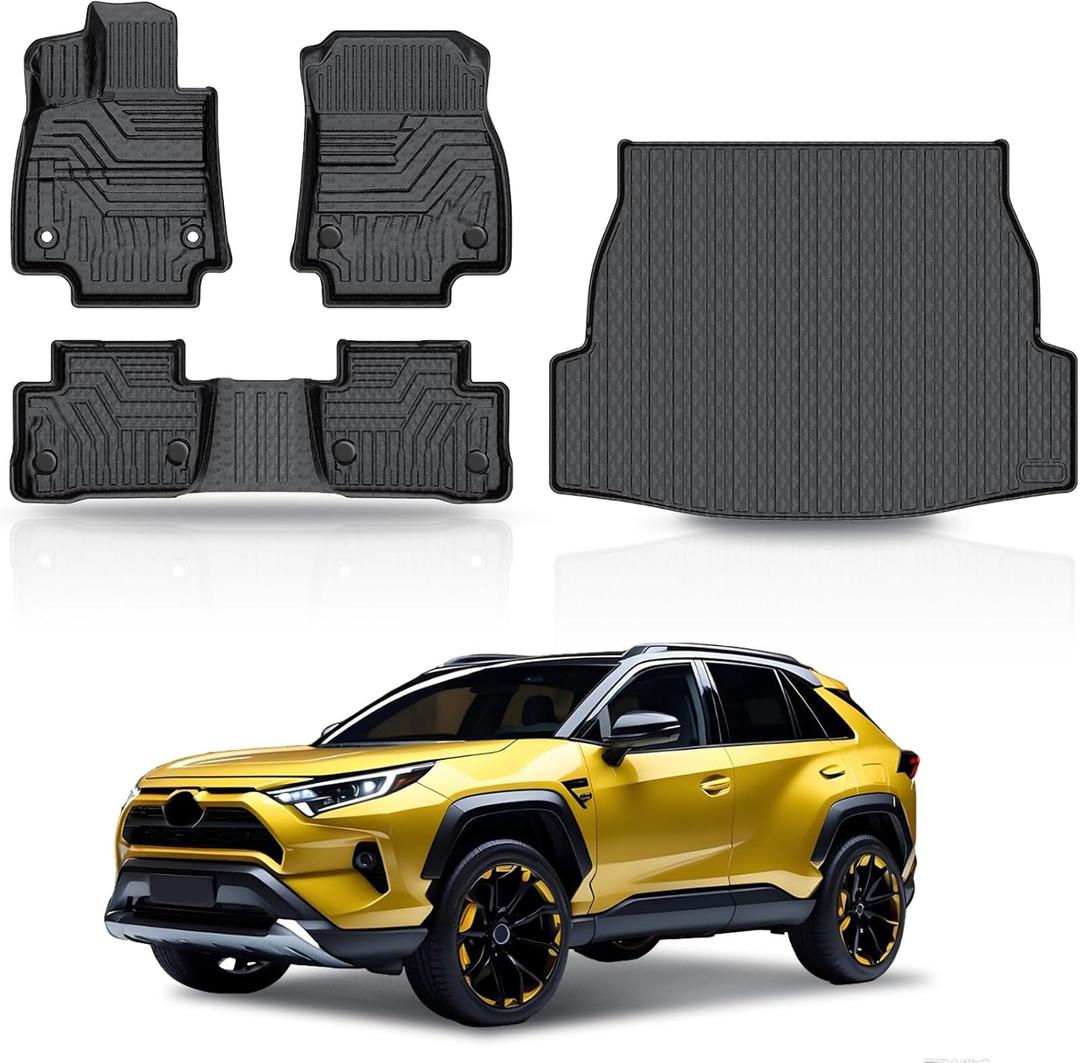 KUST Floor Mats & Trunk Cargo Mat for Toyota RAV4 2019-2025, All Weather Rear Trunk Cargo Liner for RAV4 Accessories TPE Rubber Raised Edge 4PCS