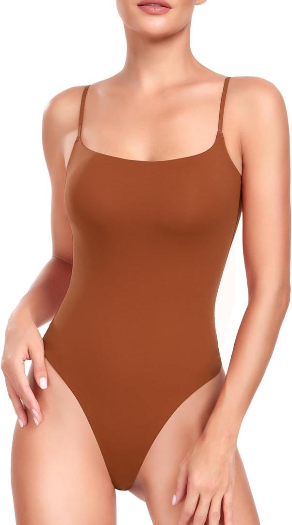 HeyNuts Women's Double Layer Ultra Soft Spaghetti Strap Scoop Neck Sleeveless Bodysuit, Backless Causal Tank Tops