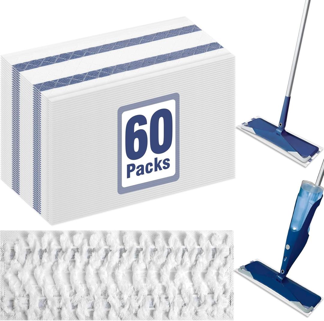 60 Pack Disposable Microfiber Cleaning Pads for Bona Mop | Heavy-Duty Replacement Pads Compatible with 16 inch inch Spray Flat Mops | Multi-Surface Hardwood Floor Cleaner Pad Refills