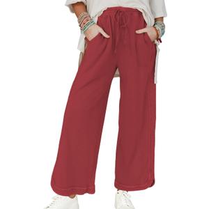 Hixiaohe Women's Casual Wide Leg Sweatpants High Waist Baggy Acid Wash Pants Drawstring Athletic Palazzo Pants with Pockets (Red, XS)