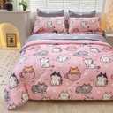 7 Piece Girls Cat Comforter Set Full Size Bed in A Bag Pink Cute Cartoon Pet Cats Bedding Set for Kids Boys Teens (1 Comforter, 1 Flat Sheet, 1 Fitted Sheet, 4 Pillow Sham) Gray