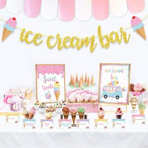 Ice Cream Bar Decor Kit, Summer Ice Cream Sundae Bar Glitter Banner Ice Cream Table Sign Food Labels Tents Cup Tag Sticker for Ice Cream Theme Baby Bridal Shower Bday Wedding Graduation Party Supplies