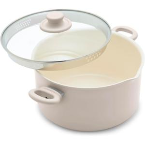 GreenLife 6QT Ceramic Nonstick Stockpot with Glass Straining Lid, PFAS-Free, Dishwasher Safe, Stay-Cool Handles, Oven Safe to 350F, Wobble-Free Base, Even Heating, Taupe