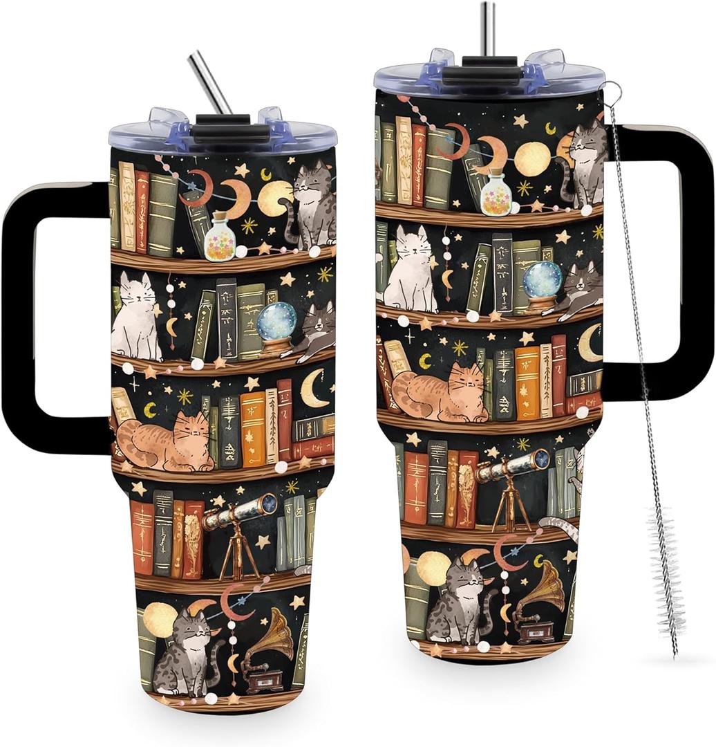 Book Lovers Gifts 40oz Tumbler, Library Cat Tumbler for Friend Book Lover, Bookish Gifts for Readers Librarian, Christmas Birthday Gift for Women, Book Accessories Stainless Steel Travel Mug