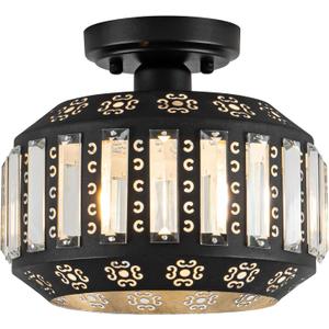 Semi Flush Mount Ceiling Light, Black Metal Frame with Crystal Shade, Modern Farmhouse Flush Mount Light Fixture for Hallway, Bedroom, Kitchen, Entryway