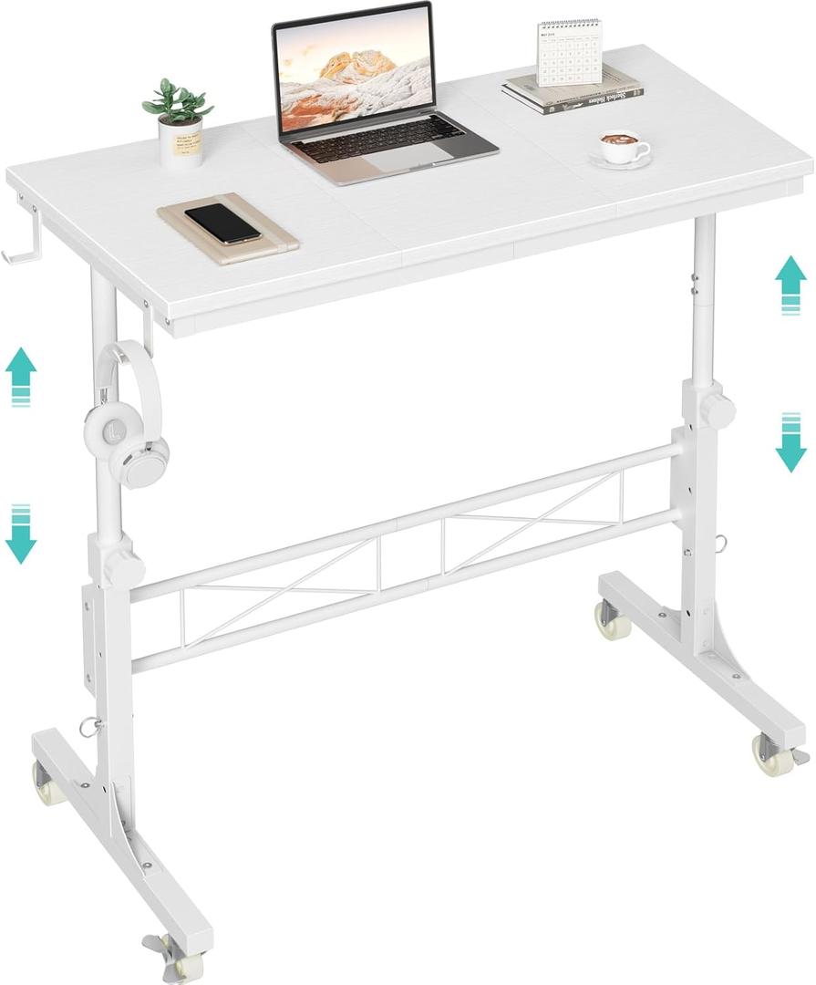 WINAZ Small Portable Treadmill Walking Pad Desk on Wheels, 32 Inch White Adjustable Height Mobile Rolling Standing Teacher Desks, Couch Sofa Side Laptop Stand Up Table for Bedroom, White (31.5)