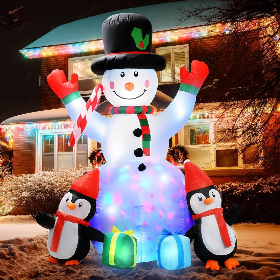 6ft Christmas Inflatables Outdoor Decorations Embrace Snowman and Penguins Built-in Colorful Rotating Led Lights Blow Up Snow Man Wear Magic Hat Yard Decor for Party Indoor Garden Lawn Xmas