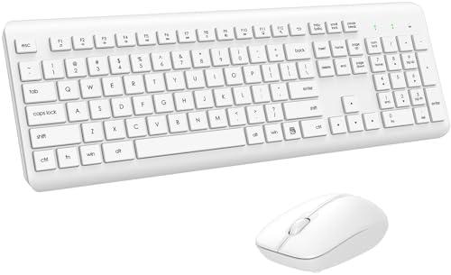 Wireless Keyboard and Mouse Combo, Full Size Silent Ergonomic Keyboard and Mouse, Long Battery Life, Optical Mouse, 2.4G Lag-Free Cordless Mice Keyboard for Computer, Mac, Laptop, PC, Windows(White)