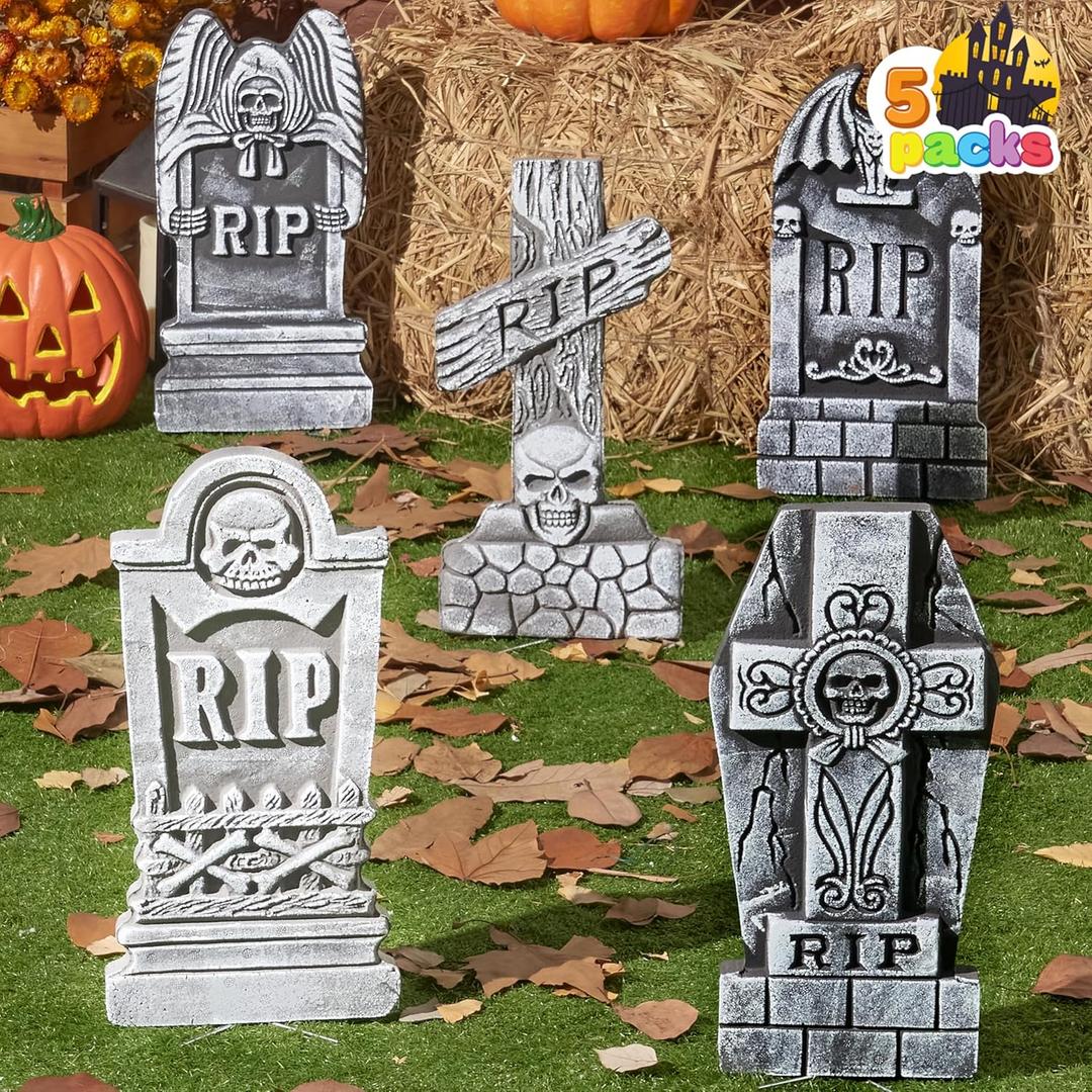 JOYIN 17 Halloween Foam RIP Graveyard Tombstones (5 Pack), Halloween Tombstones Decorations Outdoor for Graves with 12 Metal Stakes for Cemetery Yard Lawn Party Decor (Gray)