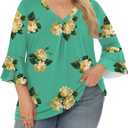Rapbin Womens Plus Size Tops 3/4 Length Sleeve V Neck Pleated Shirts Loose Fit Tunic Blouse  (XX-Large, Green Print)