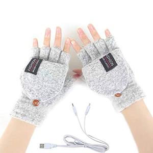 Women's & Men's USB Heated Gloves Knitting Hands Full & Half Heated Fingerless Heating Warmer with Button Washable Design, Mitten Winter Hands Warm Laptop Gloves (Gray)