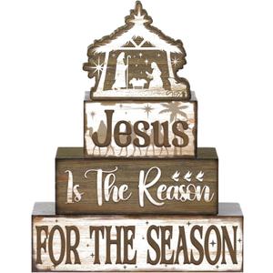 Moucuny 4 Pcs Christian Religious Table Decor Jesus Is The Reason for The Season Wooden Decorative Signage Christmas Tiered Tray Decor Xmas Centerpieces Farmhouse Wooden Block Set for Home