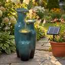 Solar Outdoor Water Fountain, 3-Tier Ceramic Look Resin Waterfall with LED Lights, 24" H, for Patio, Backyard & Garden