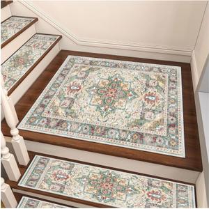 Edging Stair Treads Non-Slip Carpet Mat, 30in X 30in Indoor Stair Runners for Wooden Steps, Rubber Backing Stair Rugs for Kids Elders and Pets(Green/Beige)