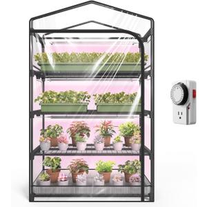 Indoor Greenhouse with Grow Light, 4-Tier Plant Shelf with T5 1.6FT 32W Full Spectrum LED Grow Light for Seed Starting, Succulent, Settable Timer Socket, 39" L x 19" W x 64" H