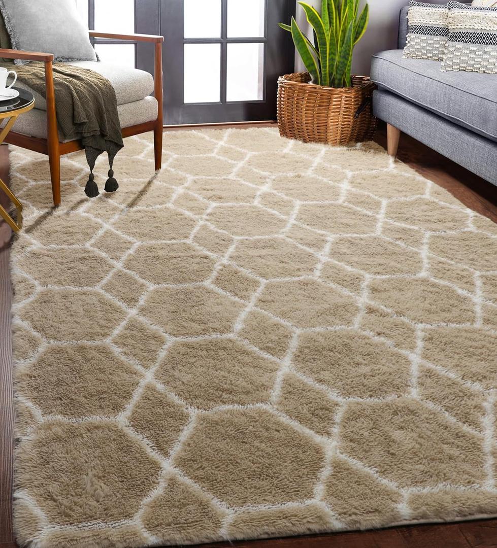 ONASAR 5x7 Area Rugs for Living Room Bedroom, Washable Fluffy Beige and White Shag Rug, Geometric Boho Soft Plush Shaggy Floor Carpet Mat for Nursery Kids Girls Boys Teen Dorm Home Decor Aesthetic (5' x 7' (Rectangular), Beige / White)