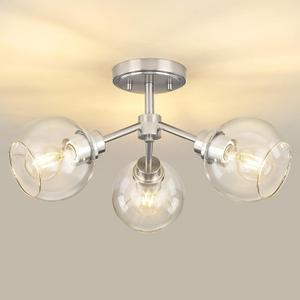 3-Light Semi Flush Mount Ceiling Light, Modern Light Fixtures Ceiling Mount with Globe Clear Glass Shade, Brushed Nickel Light Fixtures for Kitchen Entryway Hallway Bedroom, SM195-BN-3