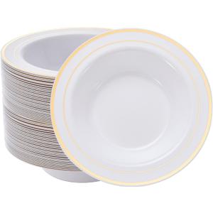 N9R 30PCS Disposable Plastic Bowls with Gold Rim, 12 oz Fancy White Plastic Bowls, Premium Dessert Salad Bowls Perfect for Party, Wedding and Everyday Use