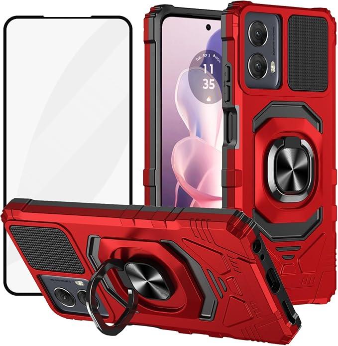 Ailiber for Motorola Moto G 5G 2024 Phone Case, with Screen Protector, for Magnetic Car Mount, Kickstand Holder, Heavy Duty Shockproof Protective Rugged Cover for Moto G Play 5G 2024[Not Ft 4G]-Red