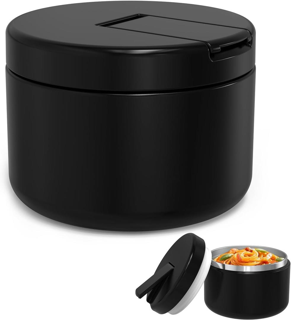 12oz Kids Soup Thermo for Hot Food Insulated Vacuum Food Jar with Buckle Lid, Stainless Steel Wide Mouth Leak Proof Lunch Container for School Travel-Black