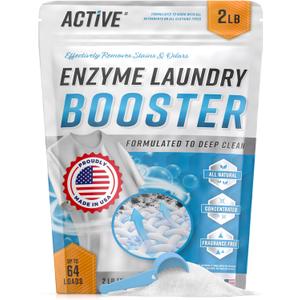 Enzyme Laundry Booster Odor Remover - 2 lbs Unscented Enzymatic Clothes Stain Cleaner Powder, Natural Deodorizer with Bio Active Enzymes, Detergent Additive Eliminator for Sweat, Oil, Blood - 64 Loads
