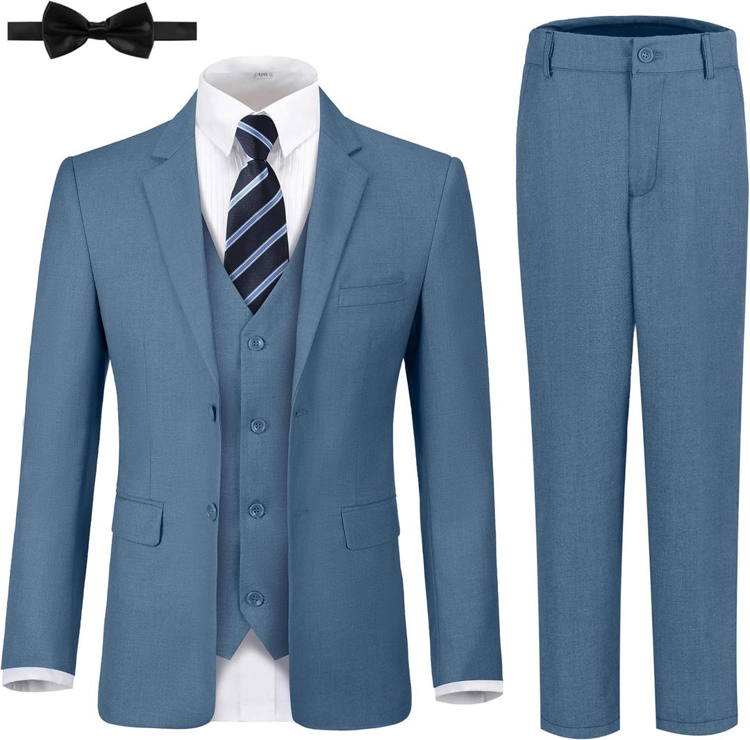 JPF Boy's Formal Suit Set Slim Fit Kids Tuxedo Suits for Wedding Teen Toddler Boy Dress Suit Outfit (16, 6pc Blue Grey)