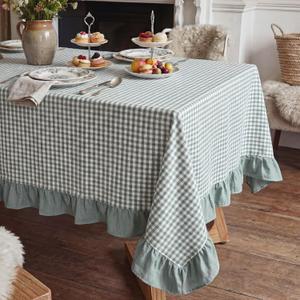 HunnmingRe Sage Green Gingham Plaid Ruffled Tablecloth 84 x 60 Inches 100% Cotton Checkered Rectangle Table Cloth Farmhouse Cottage Vintage Dining Table Cover Decor for Spring Holiday Party