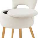 Small Vanity Stool Chair with Storage and Folding Back,4 Metal Legs with Anti-Slip Feet,Round Ottoman with Velvet Seat, Furry Padded Seat for Makeup, Bedroom (Black, Standard) (15.7"D x 15.7"W x 19.5"H, White)