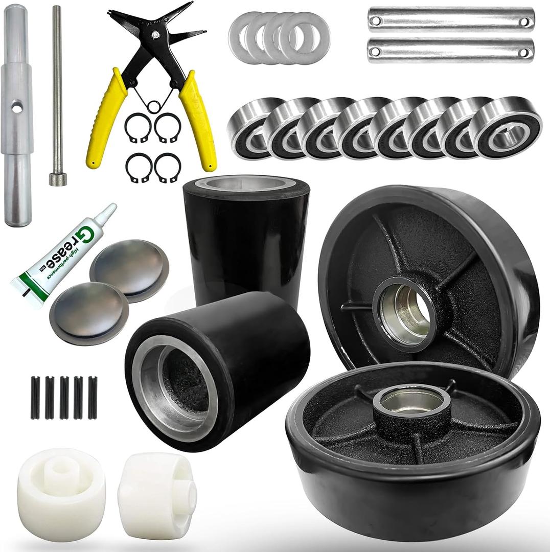 Pallet Jack/Truck Full Set with Axles, Pairs of 7" x 2" Steer Wheels & 3" x 3.75" Load Wheels with Bearings ID 20mm Poly Tread Black, Entry Exit Roller and Protective Caps, Tool Kit Included
