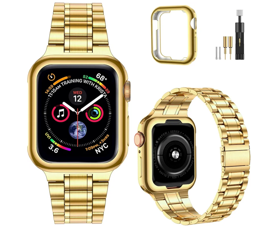 MioHHR Solid Stainless Steel Band Compatible with Apple Watch 38mm(Series 3/2/1) 40mm(Series SE/6/5/4) 41mm(Series 9/8/7) Metal Strap with Soft TPU Case for iWatch Bands for Women and Men, Gold