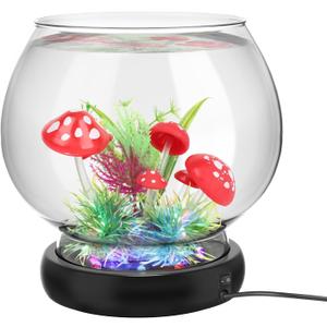 hygger 0.5 Gallon/1 Gallon Glass Fish Bowl with LED Light and Decor, Small Round Betta Fish Tank Goldfish Bowl, Round Clear Unbreakable Aquarium/Vase/Hydroponic Plant Terrarium, Nice Centerpieces