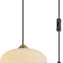 KCO Lighting Mid Century Plug in Hanging Light Modern Milk Glass Pendant Light White and Gold Plug in Chandelier Lighting with Long Cord Vintage Striped Glass Hanging Ceiling Lighting, L1150-A-Plug