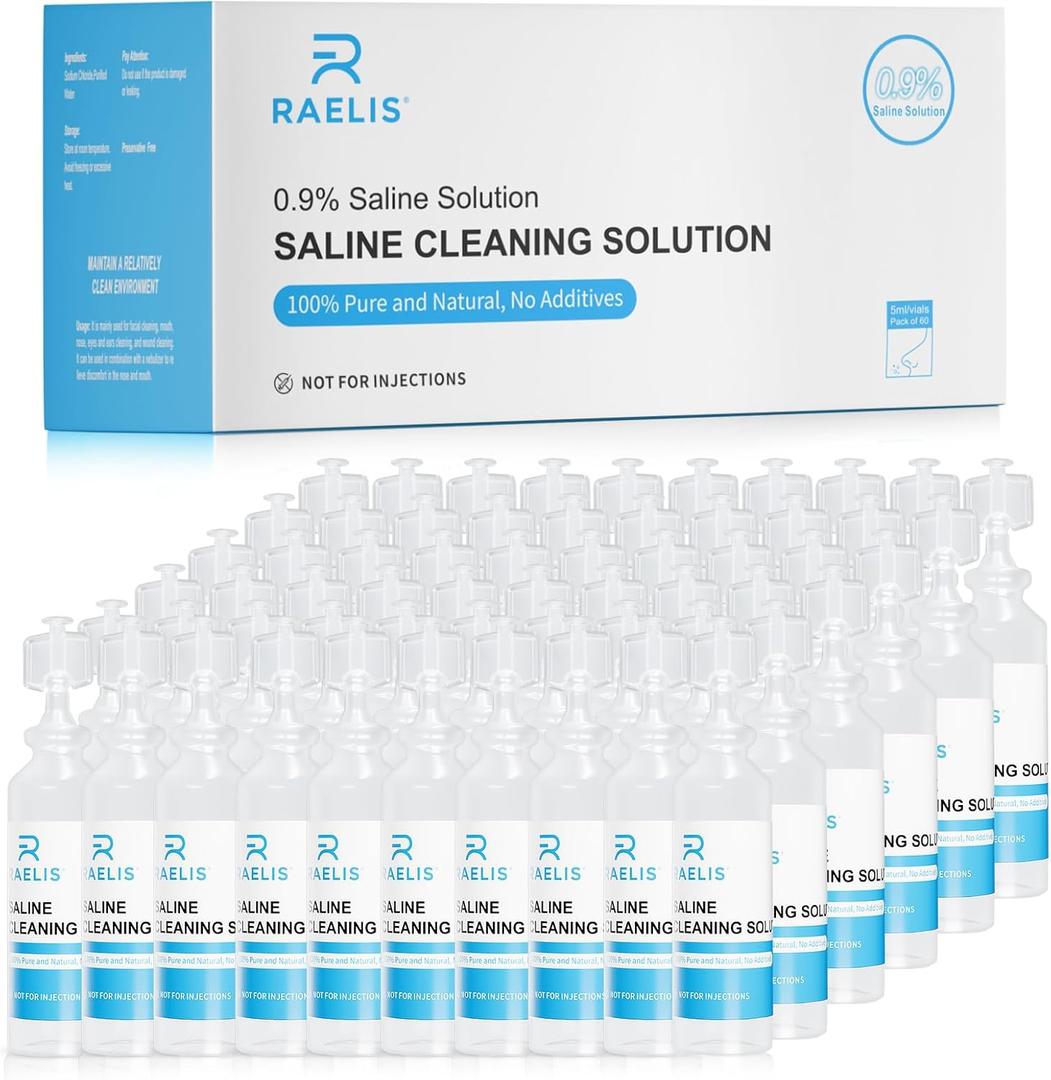 RAELIS Saline Solution, 300ml /10.56 FL OZ Normal Solution for Multiple Household Uses, 5ml Each, 60 per Box