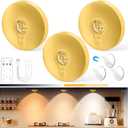Yiliaw Rechargeable Puck Lights with Remote, 3 Pack Magnetic Under Cabinet Lighting, 1500mAh Battery Operated LED Tap Lights with Dimmer & Timmer for Kitchen, Closet, Shelf - 3 Color Temps, Gold