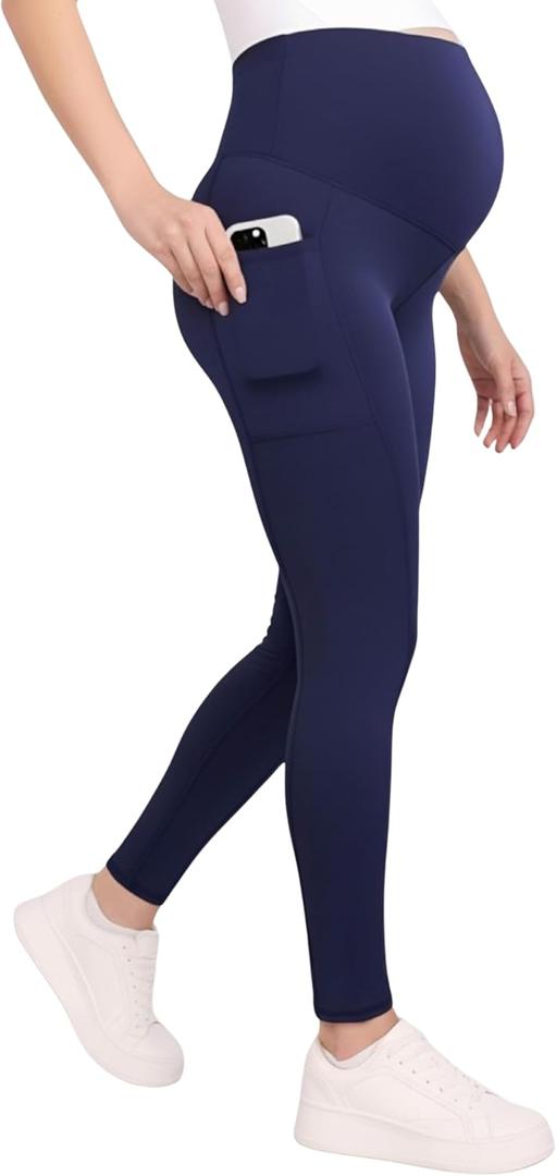 Motherhood Maternity Women's Over The Belly Workout Activewear Pregnancy Leggings with Pockets (Peacoat), XS