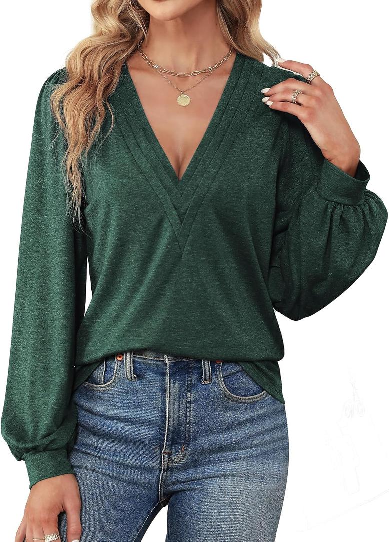 Agnes Urban Womens V Neck Long Sleeve Tops Dressy Casual Fall Shirts Puff Sleeve Loose Tunic Trendy Tops Blouses (Green, XL)